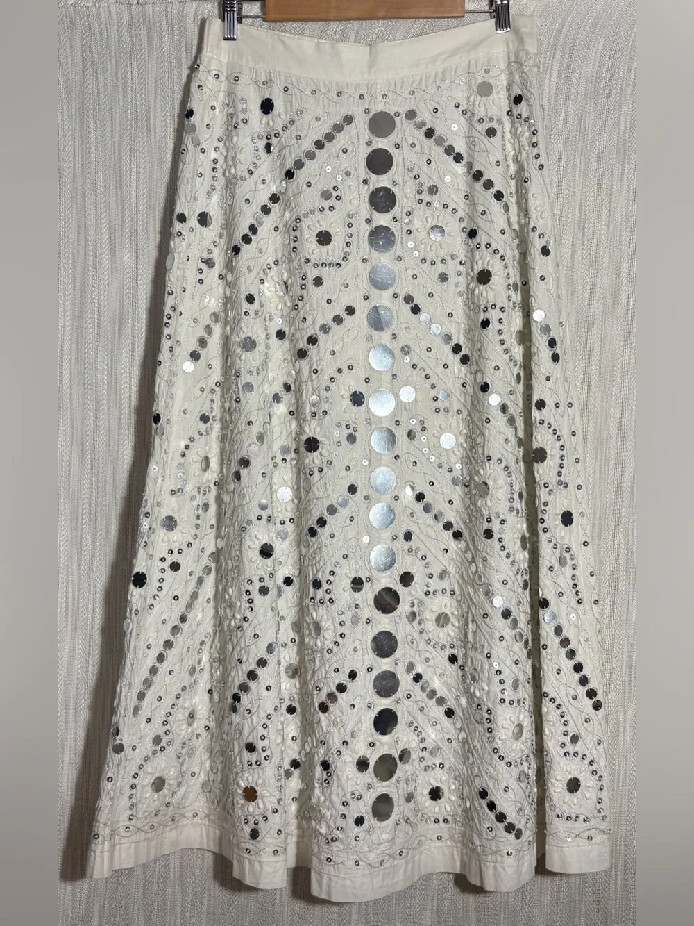 Tory Burch Mirror Embellished Cotton Maxi Skirt White Boho RN 114245 Statement